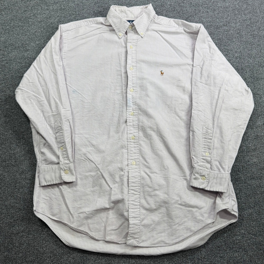 Ralph Lauren Yarmouth Button Down Mens 17.5 Purple White Striped Oxford Logo